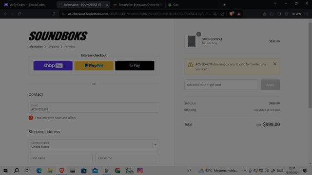 SOUNDBOKS checkout page showing SOUNDBOKS discount code box | Screenshot taken by SimplyCodes community member on Feb 15, 2024