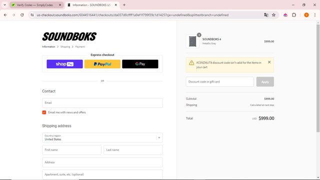 SOUNDBOKS checkout page showing SOUNDBOKS discount code box | Screenshot taken by SimplyCodes community member on Apr 17, 2024