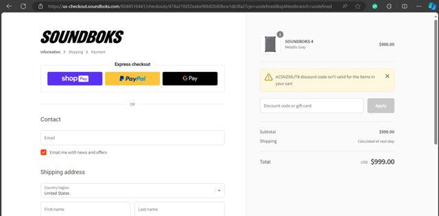 SOUNDBOKS checkout page showing SOUNDBOKS discount code box | Screenshot taken by SimplyCodes community member on Feb 23, 2024
