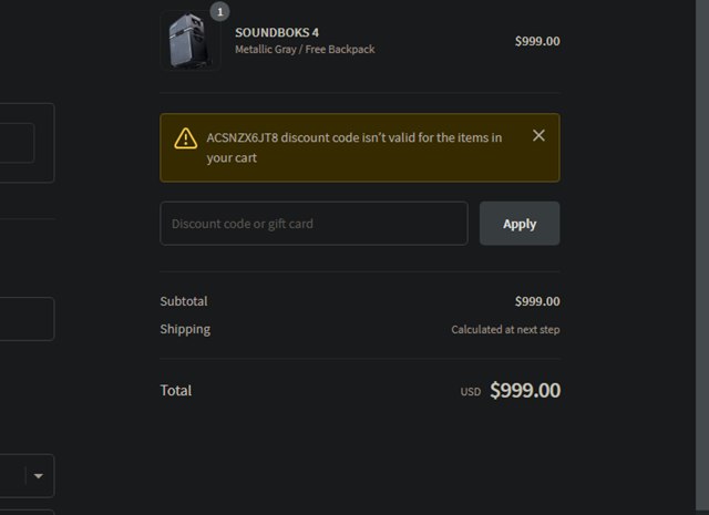 SOUNDBOKS checkout page showing SOUNDBOKS discount code box | Screenshot taken by SimplyCodes community member on May 7, 2024