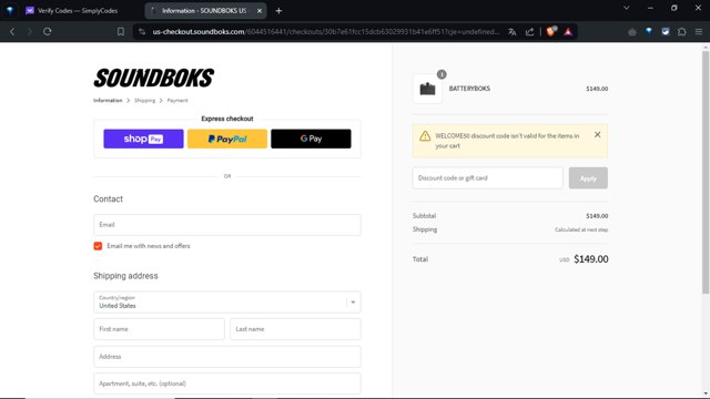 SOUNDBOKS checkout page showing SOUNDBOKS discount code box | Screenshot taken by SimplyCodes community member on Apr 1, 2024