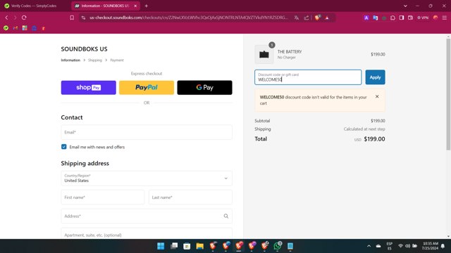 SOUNDBOKS checkout page showing SOUNDBOKS discount code box | Screenshot taken by SimplyCodes community member on Jul 25, 2024