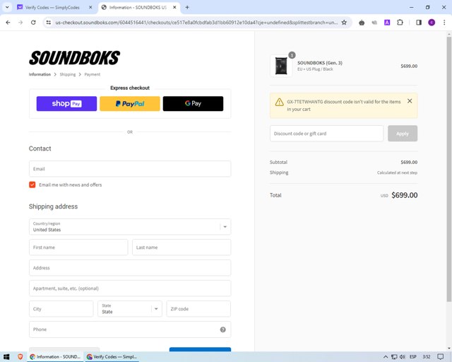 SOUNDBOKS checkout page showing SOUNDBOKS discount code box | Screenshot taken by SimplyCodes community member on Mar 5, 2024