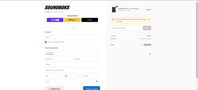 SOUNDBOKS checkout page showing SOUNDBOKS discount code box | Screenshot taken by SimplyCodes community member on May 20, 2024