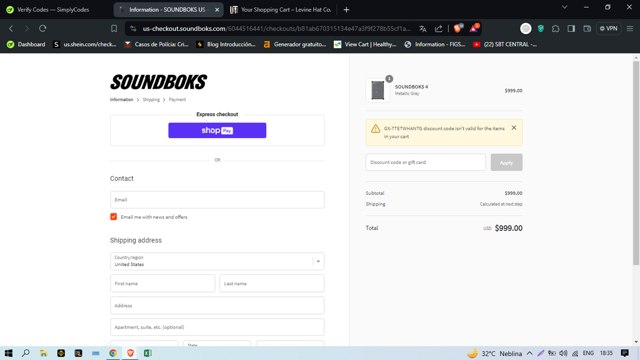 SOUNDBOKS checkout page showing SOUNDBOKS discount code box | Screenshot taken by SimplyCodes community member on Apr 17, 2024