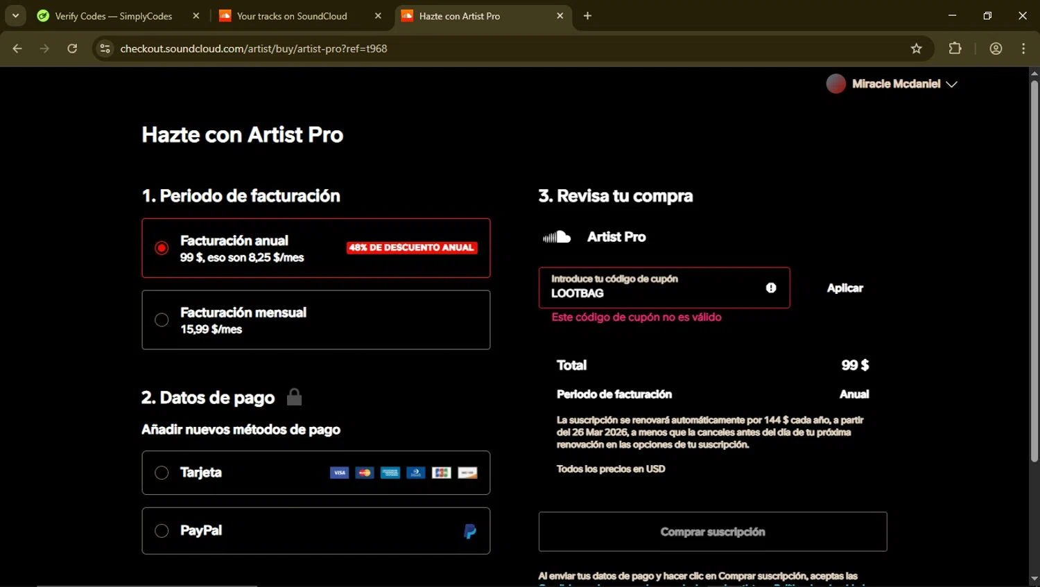 SoundCloud promo code screenshot showing code LOOTBAG applied at SoundCloud checkout page. Uploaded by SimplyCodes community member FrugalSeeker3437 on Mar 26, 2025