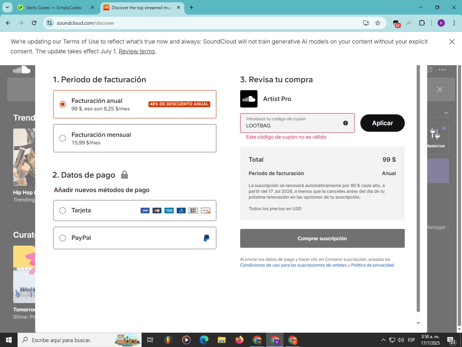 SoundCloud promo code screenshot showing code LOOTBAG applied at SoundCloud checkout page. Uploaded by SimplyCodes community member Soyvictor on Jul 17, 2025