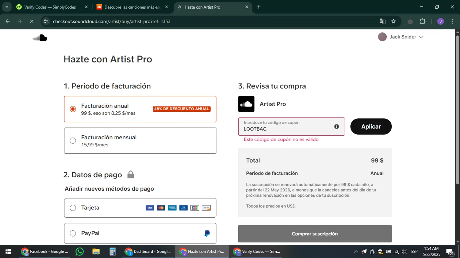 SoundCloud promo code screenshot showing code LOOTBAG applied at SoundCloud checkout page. Uploaded by SimplyCodes community member sniderjack453 on May 22, 2025