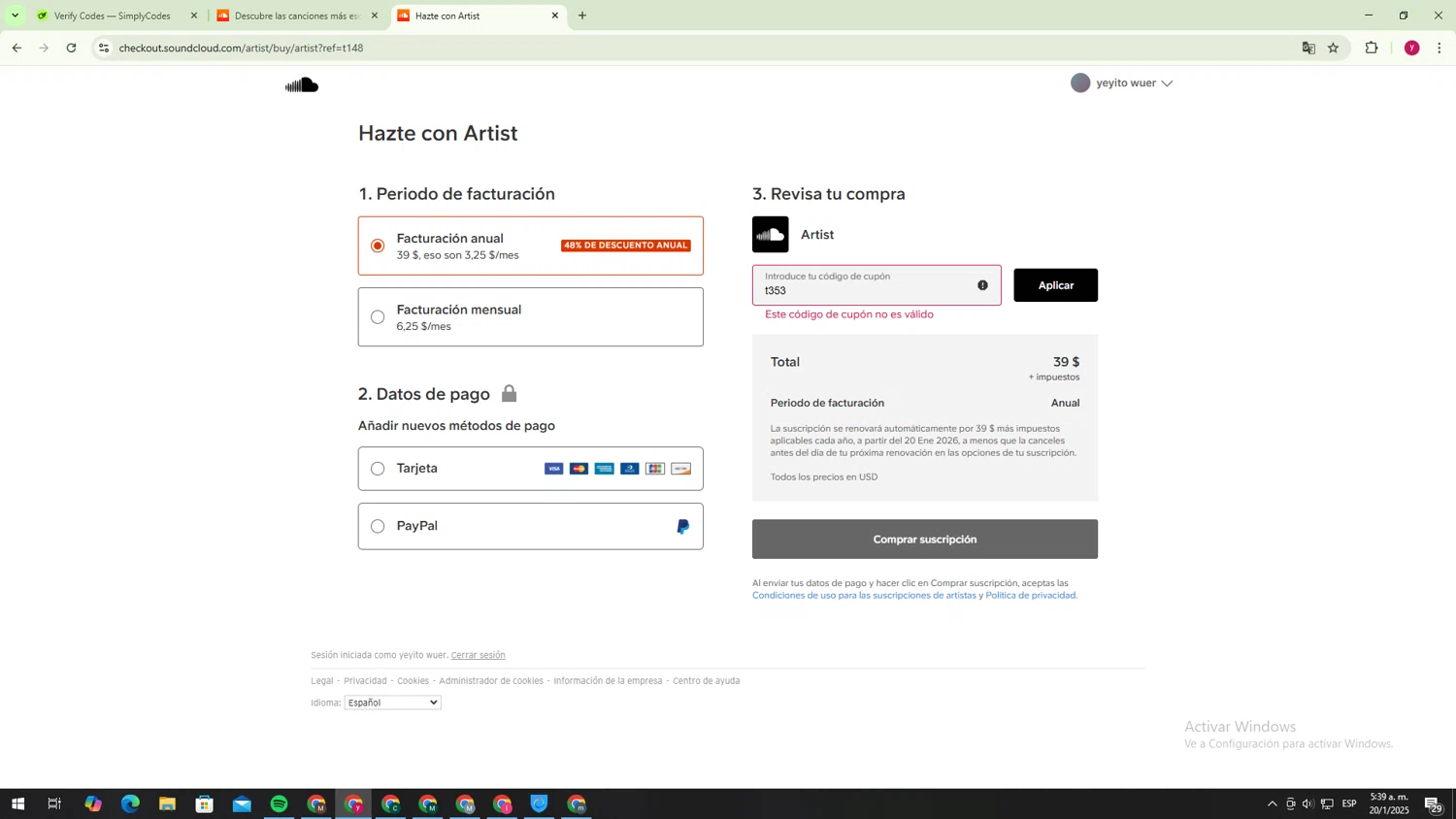 SoundCloud promo code screenshot showing code t353 applied at SoundCloud checkout page. Uploaded by SimplyCodes community member ThriftyWizard1508 on Jan 20, 2025
