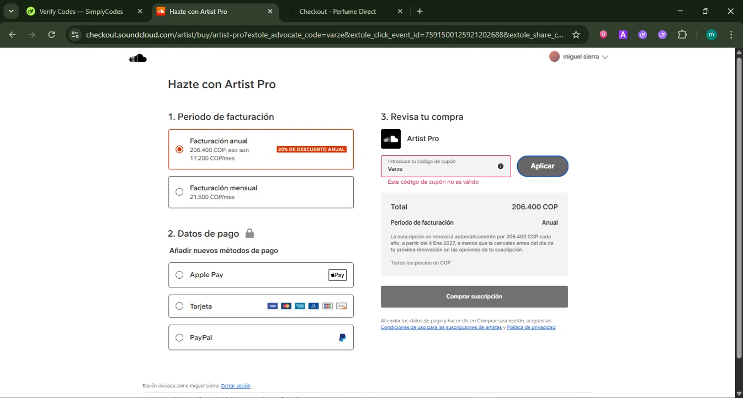 SoundCloud promo code screenshot showing code Varze applied at SoundCloud checkout page. Uploaded by SimplyCodes community member CrownSpotter4262 on Jan 4, 2026