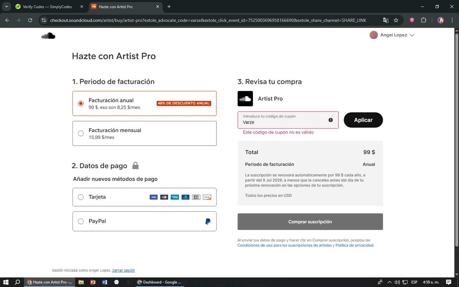 SoundCloud promo code screenshot showing code Varze applied at SoundCloud checkout page. Uploaded by SimplyCodes community member TreasureShopper9156 on Jul 9, 2025