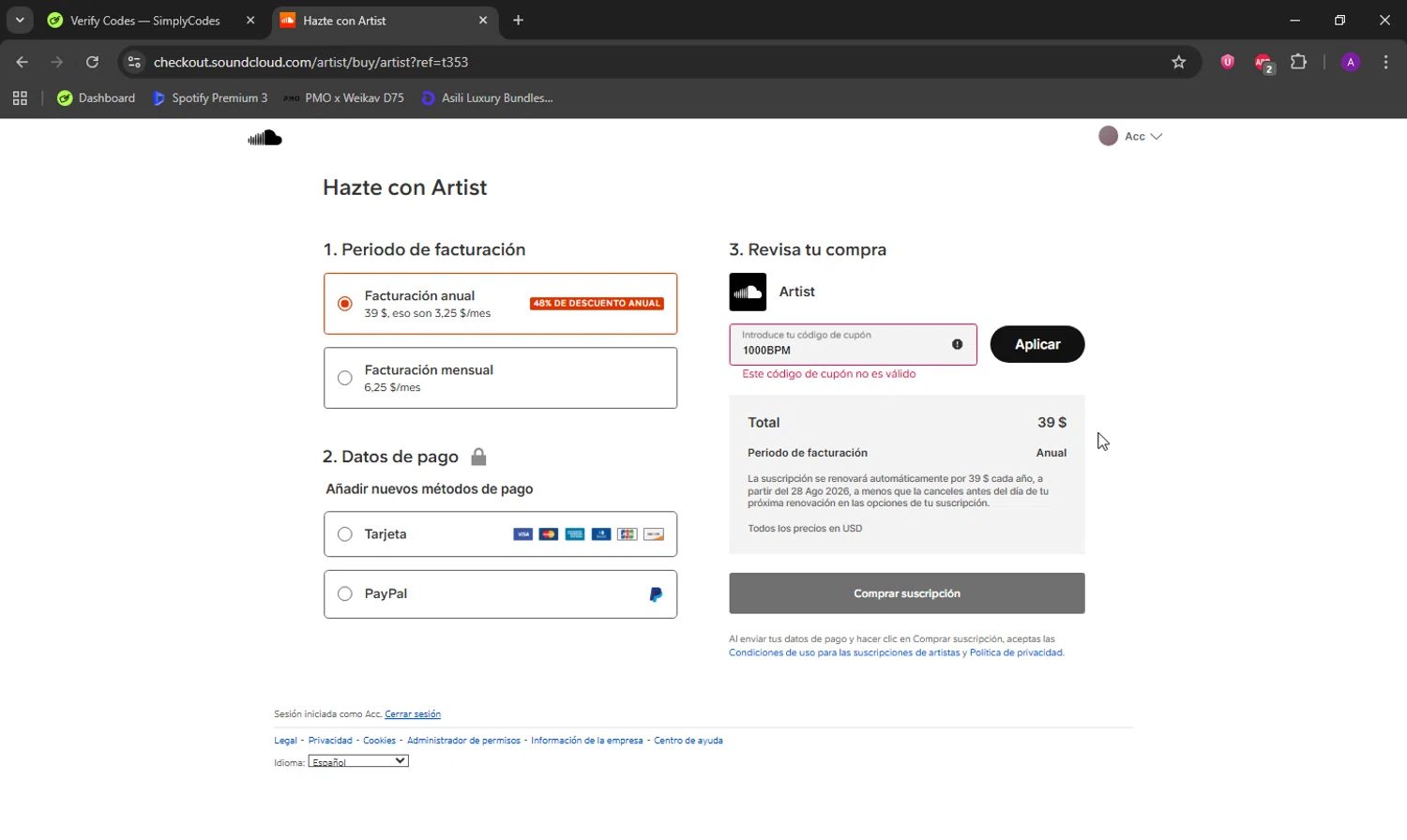 SoundCloud promo code screenshot showing code 1000BPM applied at SoundCloud checkout page. Uploaded by SimplyCodes community member DeathBone on Aug 28, 2025