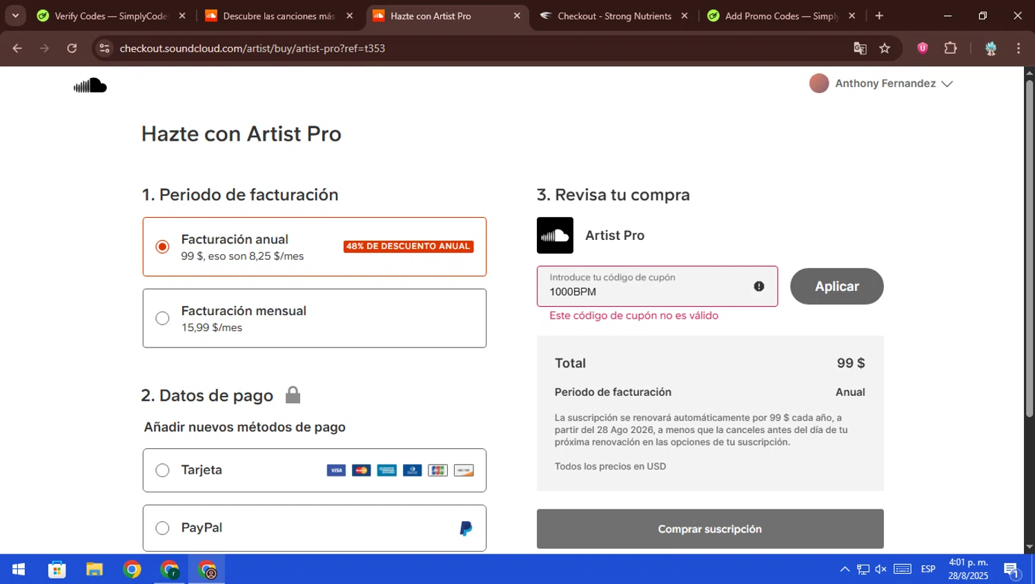 SoundCloud promo code screenshot showing code 1000BPM applied at SoundCloud checkout page. Uploaded by SimplyCodes community member ScanFalcon6148 on Aug 28, 2025