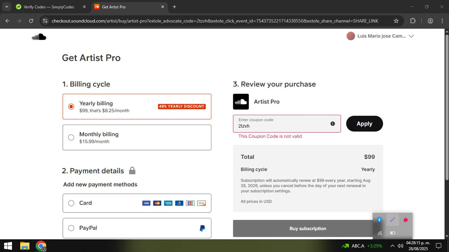SoundCloud promo code screenshot showing code 2tzvh applied at SoundCloud checkout page. Uploaded by SimplyCodes community member coder_916642691 on Aug 28, 2025