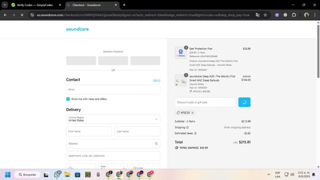Soundcore checkout page showing Soundcore discount code box | Screenshot taken by SimplyCodes community member on Sep 8, 2025