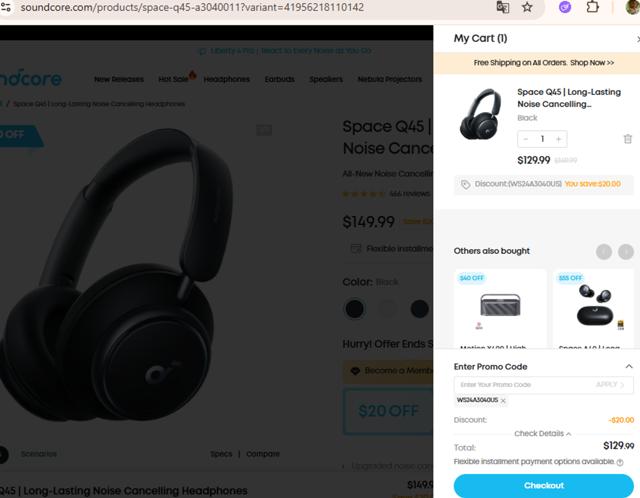 Soundcore checkout page showing Soundcore discount code box | Screenshot taken by SimplyCodes community member on Sep 7, 2025