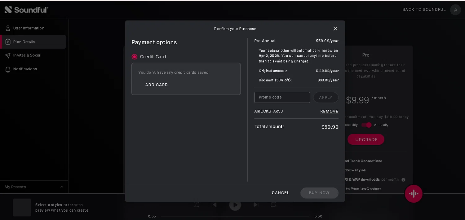 Soundful promo code screenshot showing code AIROCKSTAR50 applied at Soundful checkout page. Uploaded by SimplyCodes community member CashAce9852 on Apr 2, 2025