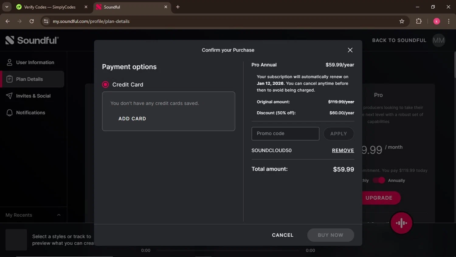 Soundful promo code screenshot showing code SOUNDCLOUD50 applied at Soundful checkout page. Uploaded by SimplyCodes community member ValiantElite2270 on Jan 12, 2025