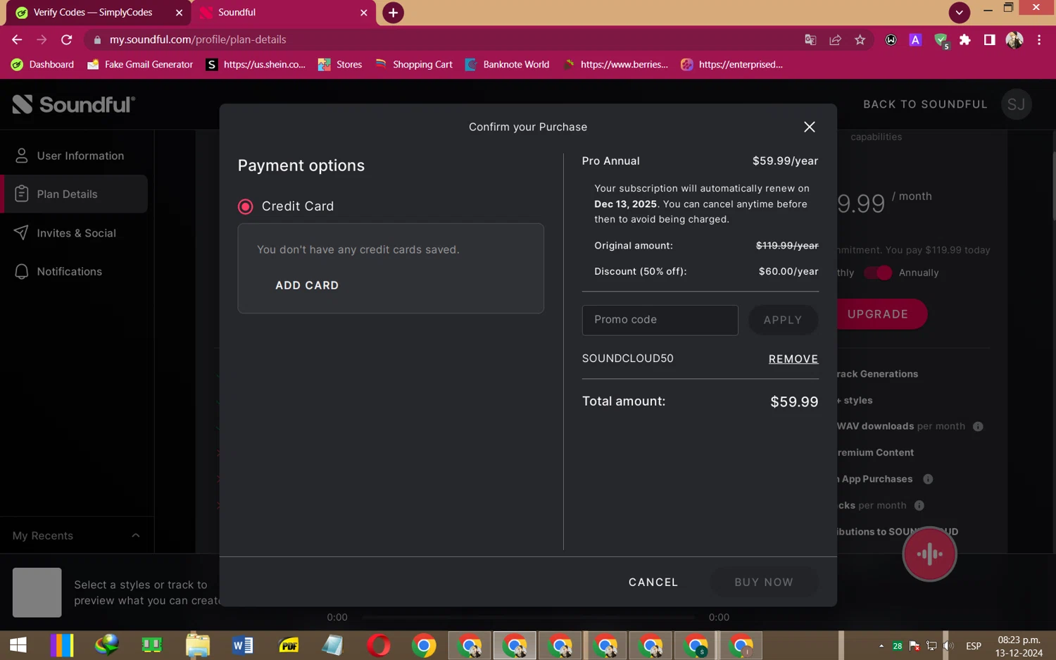 Soundful checkout page showing Soundful promo code box | Screenshot taken by SimplyCodes community member on Dec 14, 2024