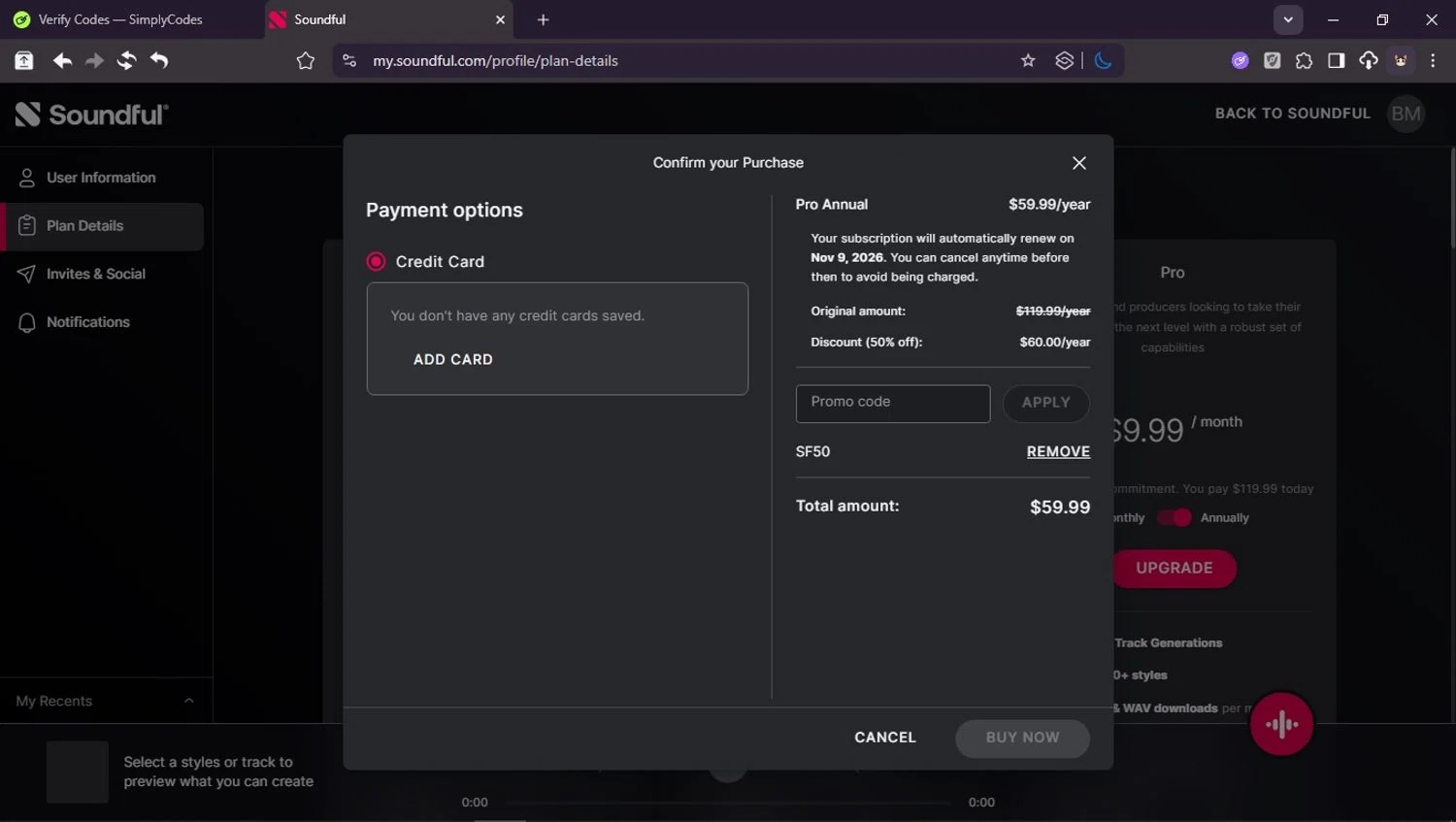 Soundful promo code screenshot showing code SF50 applied at Soundful checkout page. Uploaded by SimplyCodes community member Userr2 on Nov 9, 2025