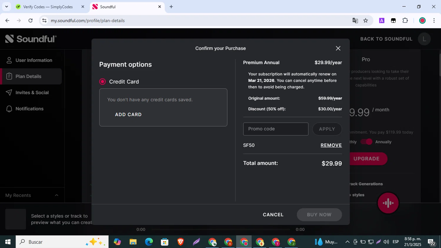 Soundful checkout page showing Soundful promo code box | Screenshot taken by SimplyCodes community member on Mar 22, 2025