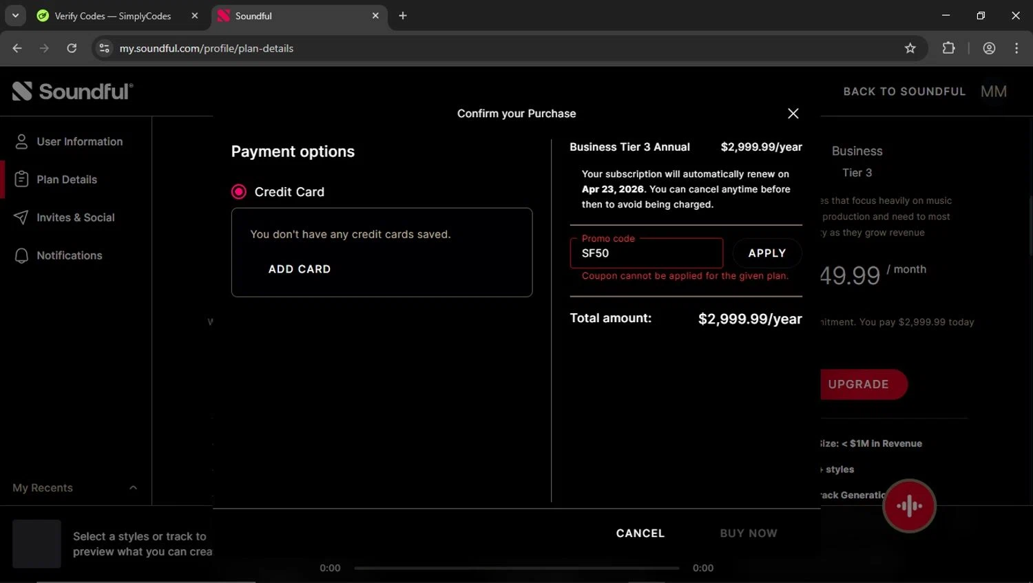 Soundful promo code screenshot showing code SF50 applied at Soundful checkout page. Uploaded by SimplyCodes community member SaleSentinel3142 on Apr 23, 2025