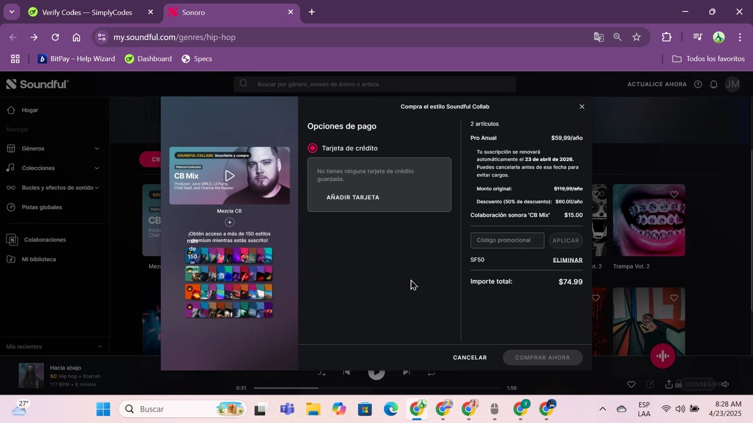 Soundful promo code screenshot showing code SF50 applied at Soundful checkout page. Uploaded by SimplyCodes community member jungrimar on Apr 23, 2025