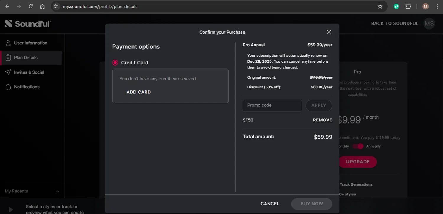 Soundful checkout page showing Soundful promo code box | Screenshot taken by SimplyCodes community member on Dec 29, 2024