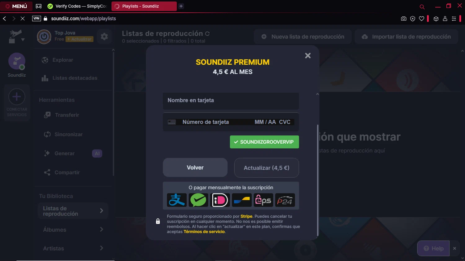 Soundiiz promo code screenshot showing code SOUNDIIZGROOVERVIP applied at Soundiiz checkout page. Uploaded by SimplyCodes community member ExtraordinaryPioneer5969 on Mar 17, 2025