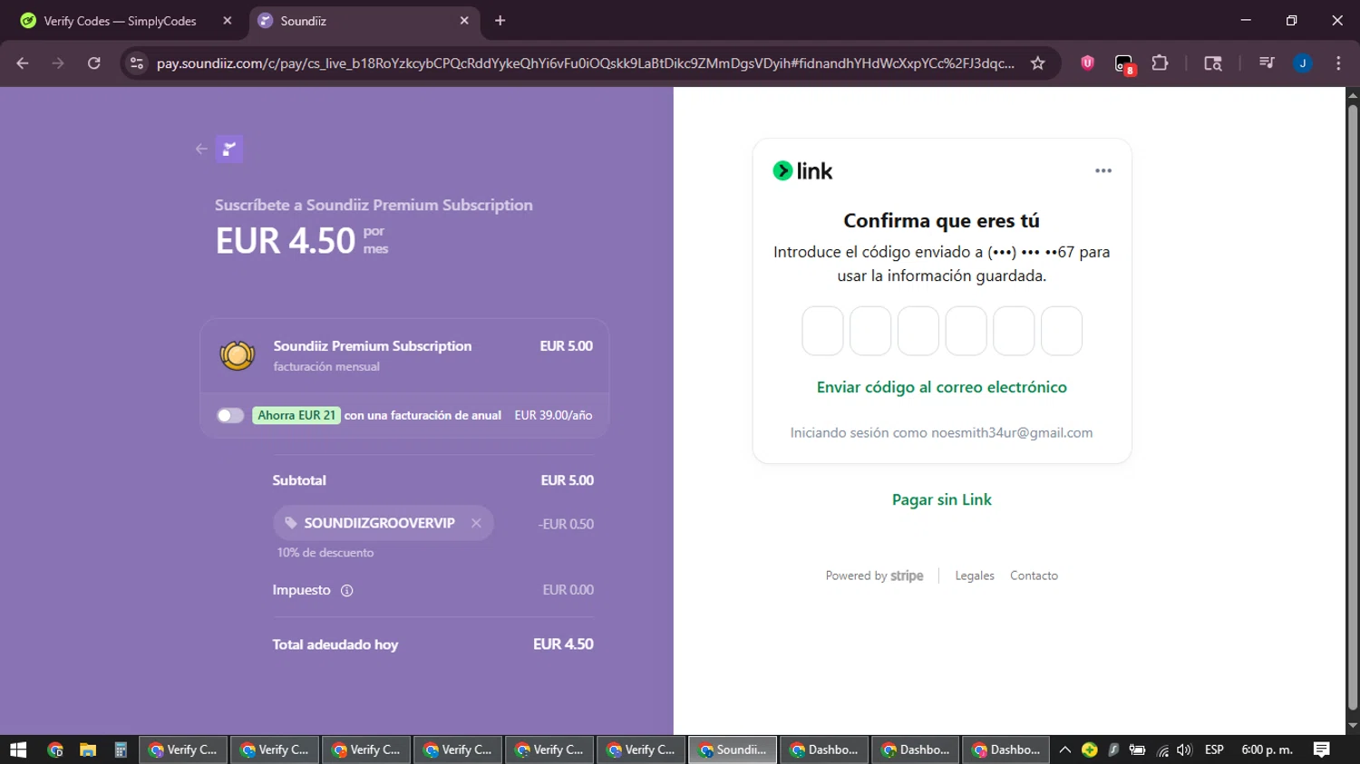 Soundiiz promo code screenshot showing code SOUNDIIZGROOVERVIP applied at Soundiiz checkout page. Uploaded by SimplyCodes community member noesmith34ur on Feb 11, 2026