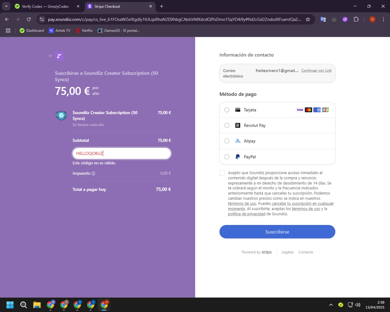 Soundiiz promo code screenshot showing code HELLOQOBUZ applied at Soundiiz checkout page. Uploaded by SimplyCodes community member BudgetShopper182 on Apr 15, 2025