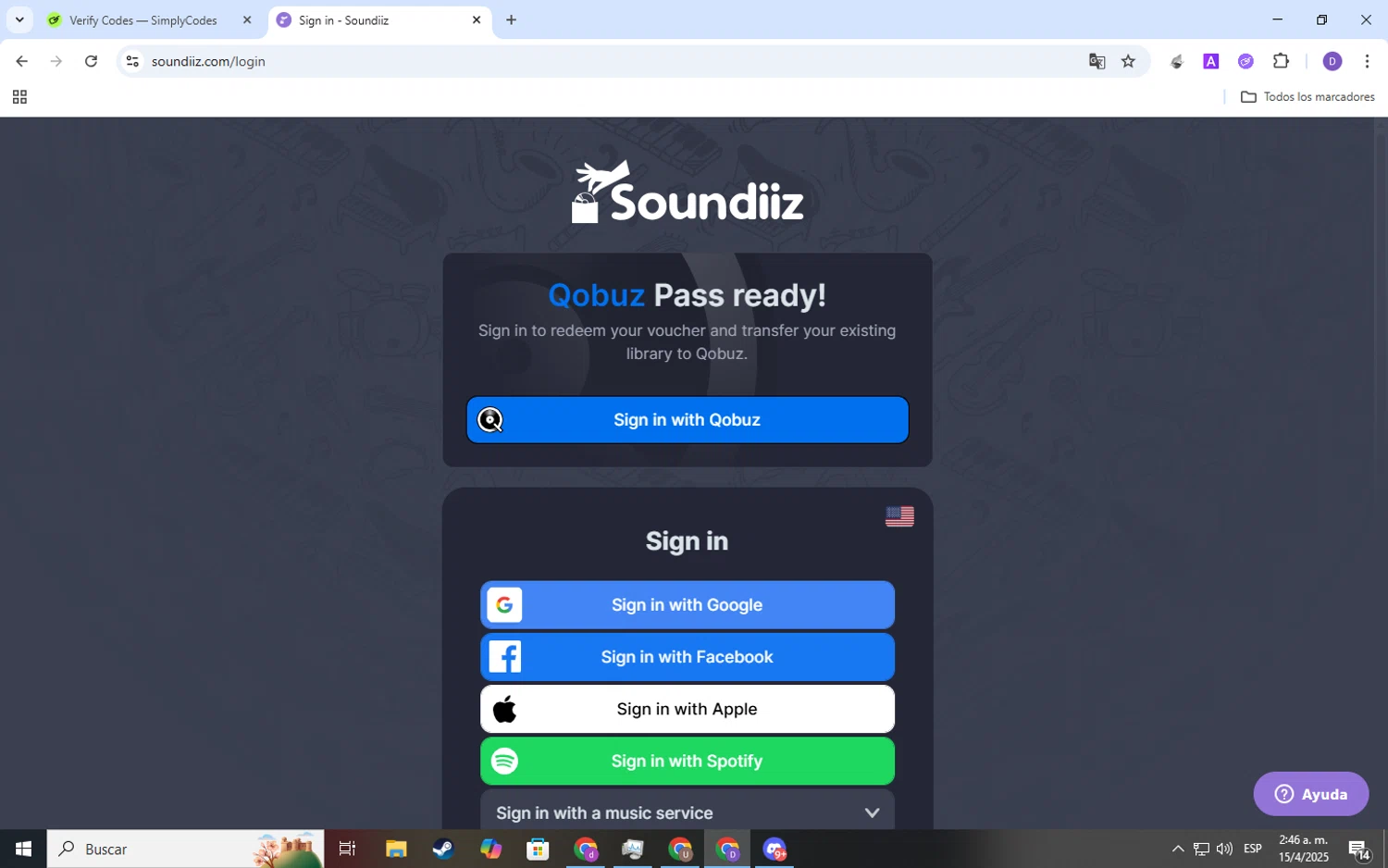 Soundiiz promo code screenshot showing code HELLOQOBUZ applied at Soundiiz checkout page. Uploaded by SimplyCodes community member SavingsSpotter2269 on Apr 15, 2025