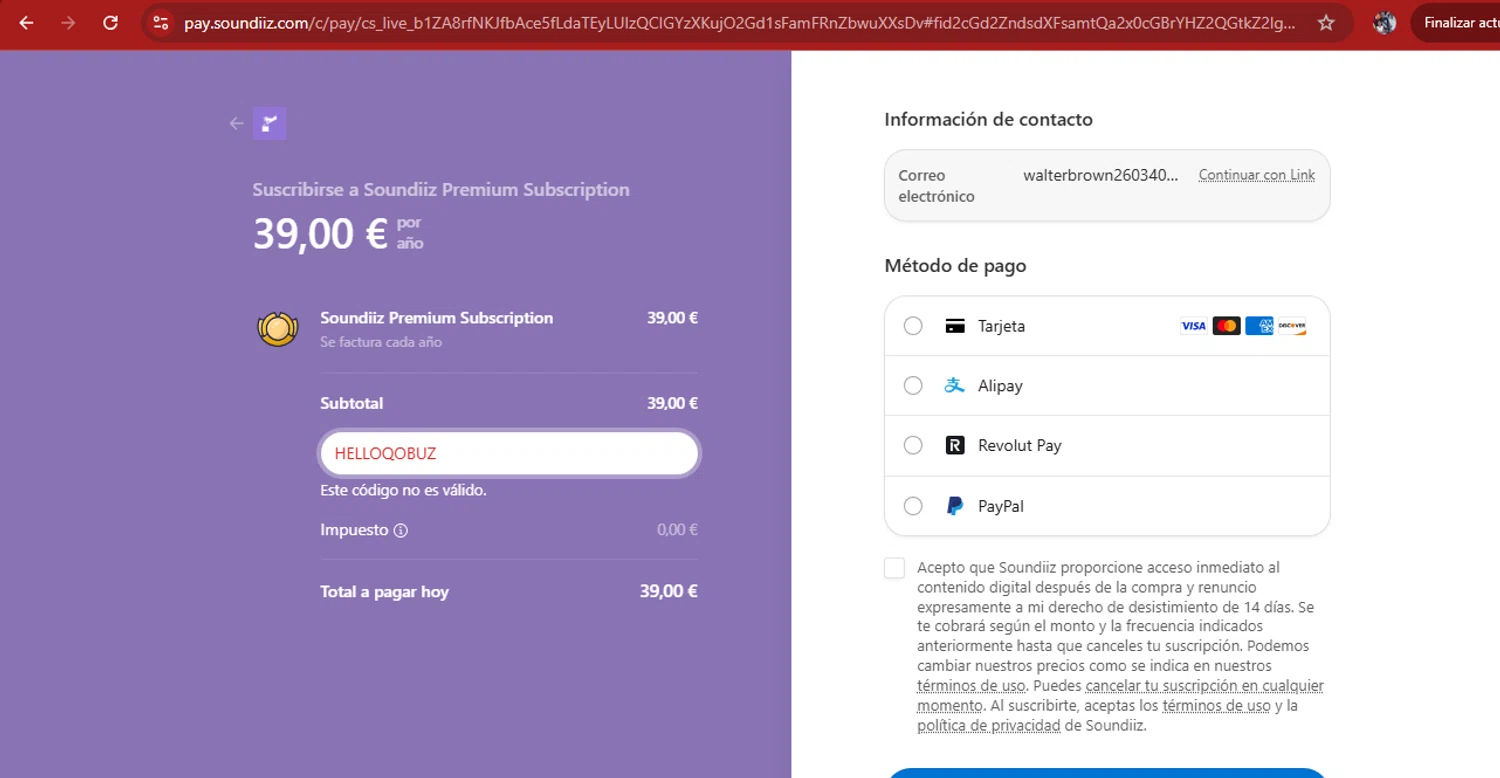 Soundiiz promo code screenshot showing code HELLOQOBUZ applied at Soundiiz checkout page. Uploaded by SimplyCodes community member kimberlinmartinez on May 2, 2025