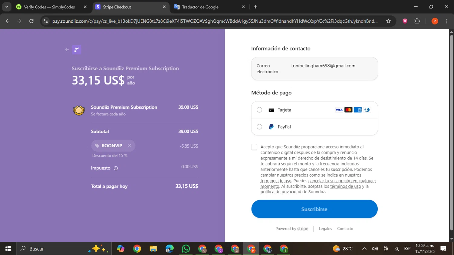 Soundiiz checkout page showing Soundiiz promo code box | Screenshot taken by SimplyCodes community member on Nov 15, 2025