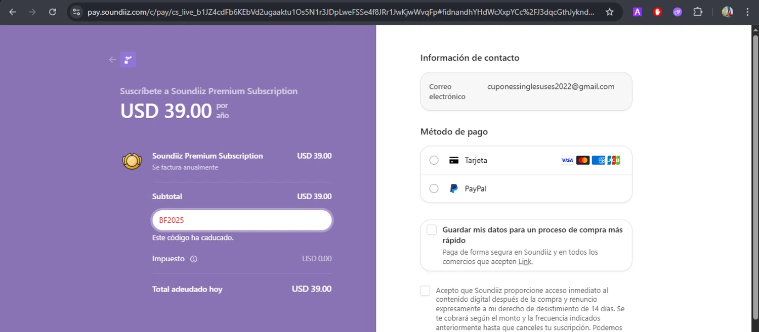 Soundiiz promo code screenshot showing code BF2025 applied at Soundiiz checkout page. Uploaded by SimplyCodes community member BrilliantFox7966 on Dec 5, 2025