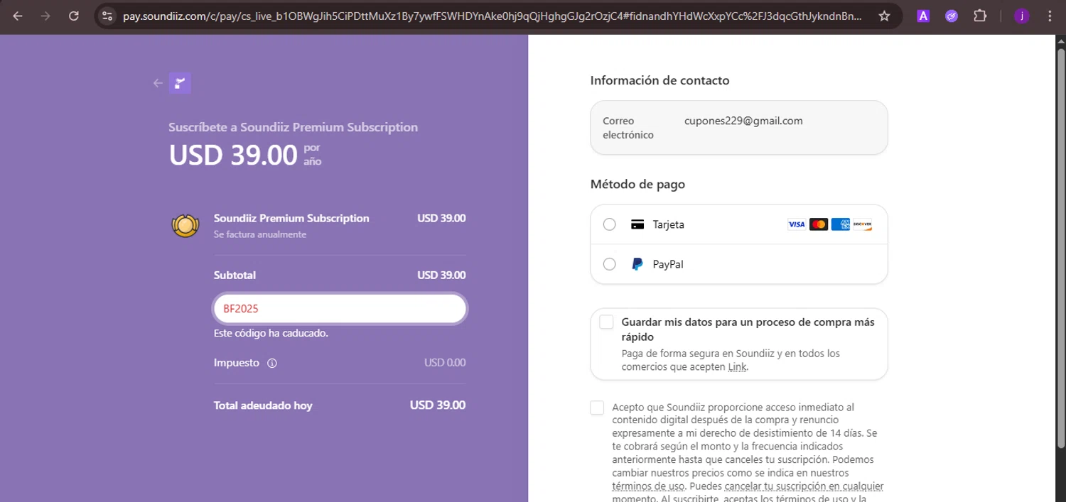 Soundiiz promo code screenshot showing code BF2025 applied at Soundiiz checkout page. Uploaded by SimplyCodes community member CoinMaverick1452 on Dec 5, 2025