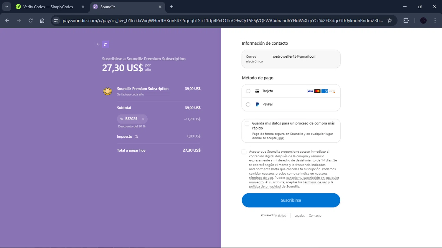 Soundiiz promo code screenshot showing code BF2025 applied at Soundiiz checkout page. Uploaded by SimplyCodes community member ELAMARILLO on Nov 26, 2025