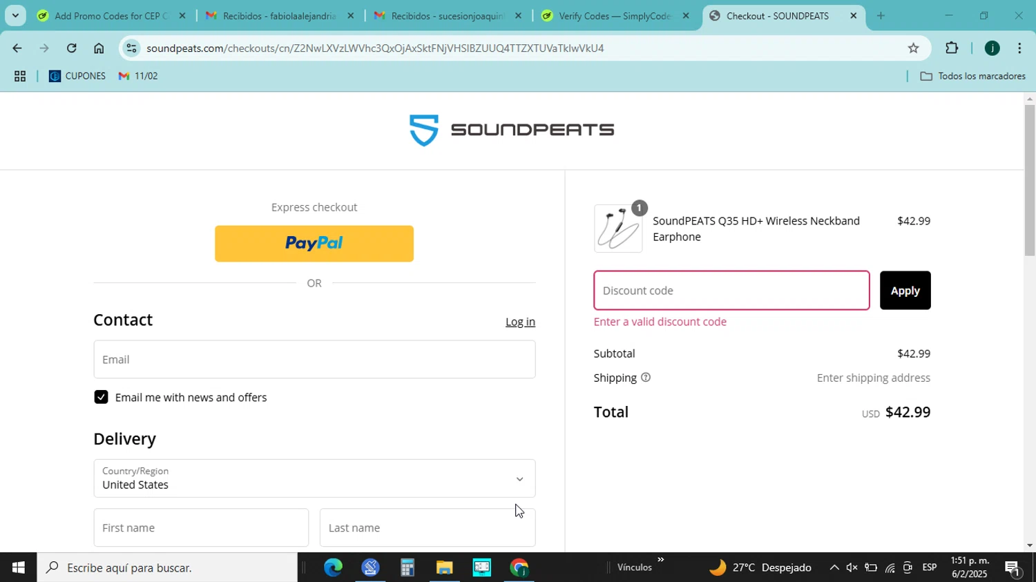 Soundpeats Audio promo code screenshot showing code CNETTFSP applied at Soundpeats Audio checkout page. Uploaded by SimplyCodes community member jorgejavierherrera on Feb 6, 2025