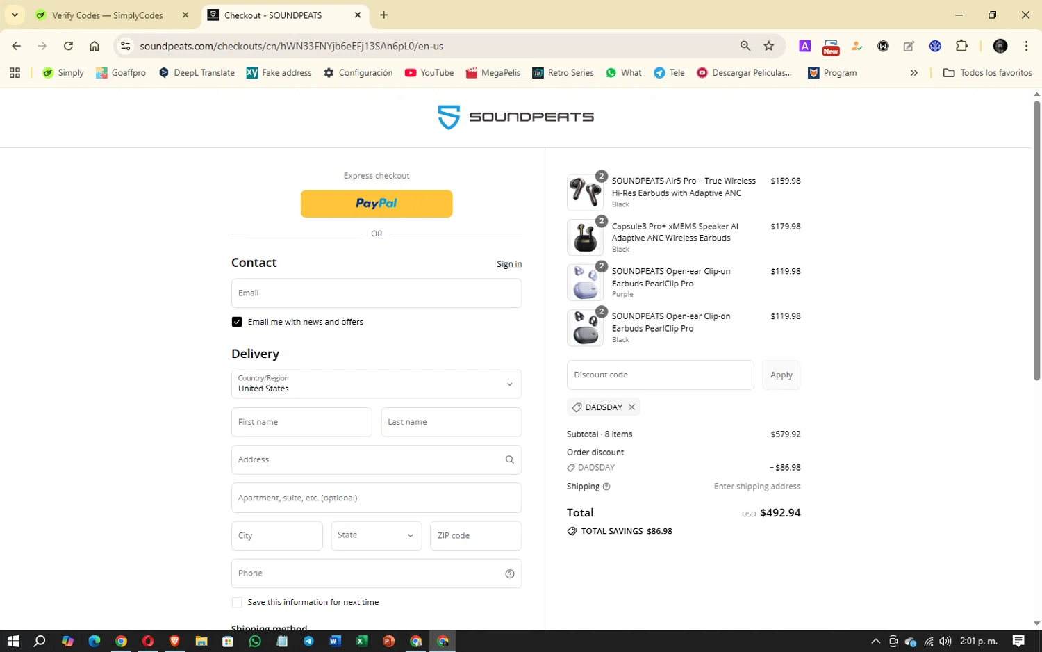 Soundpeats Audio promo code screenshot showing code DADSDAY applied at Soundpeats Audio checkout page. Uploaded by SimplyCodes community member Denver on Sep 16, 2025