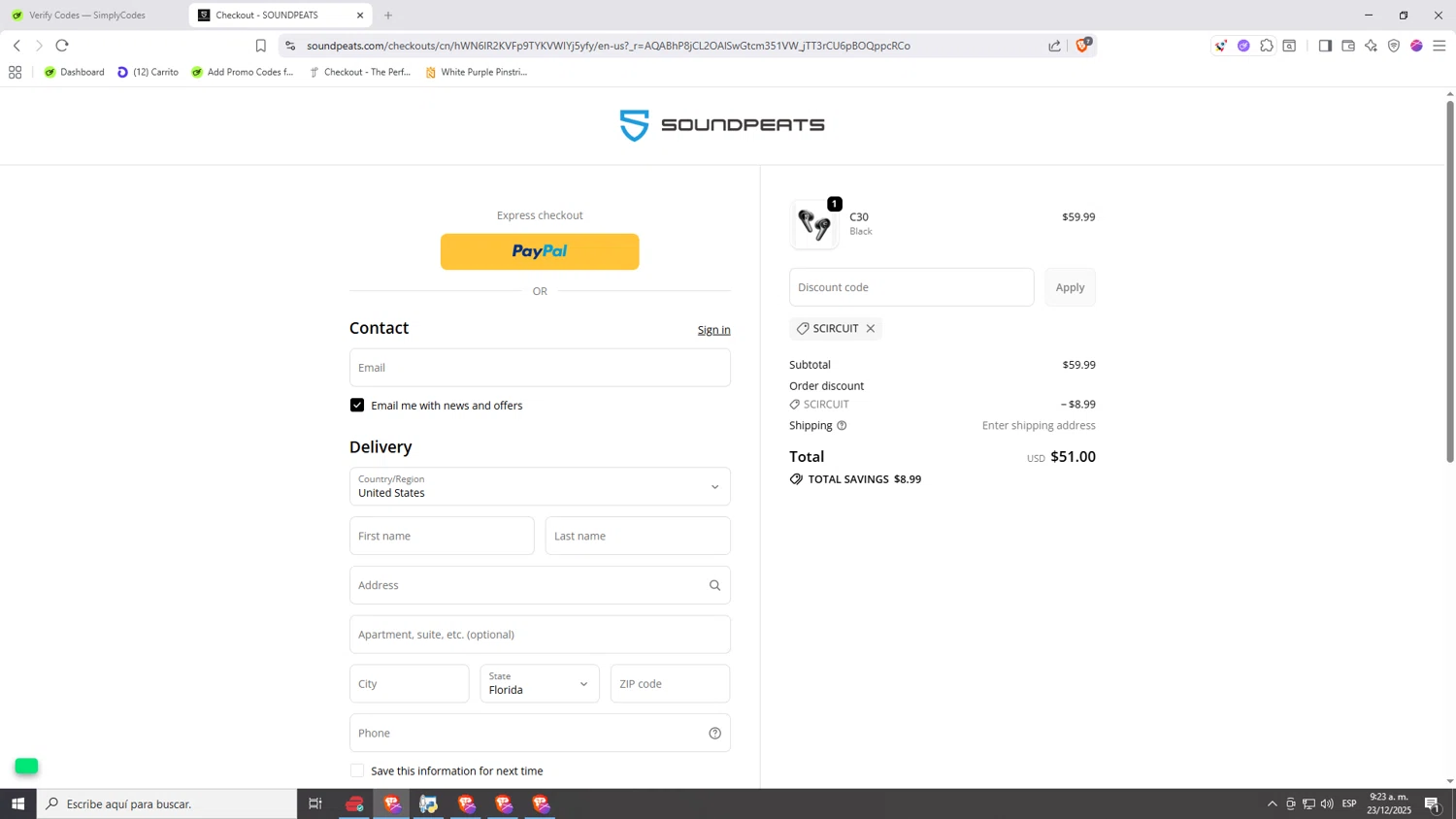Soundpeats Audio promo code screenshot showing code SCIRCUIT applied at Soundpeats Audio checkout page. Uploaded by SimplyCodes community member Nezukooo on Dec 23, 2025