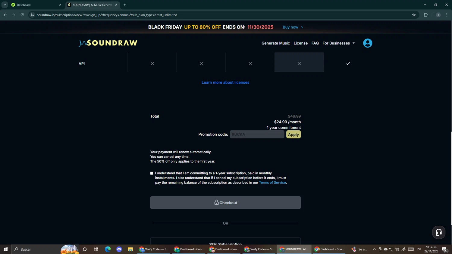 SOUNDRAW checkout page showing SOUNDRAW promo code box | Screenshot taken by SimplyCodes community member on Nov 22, 2025