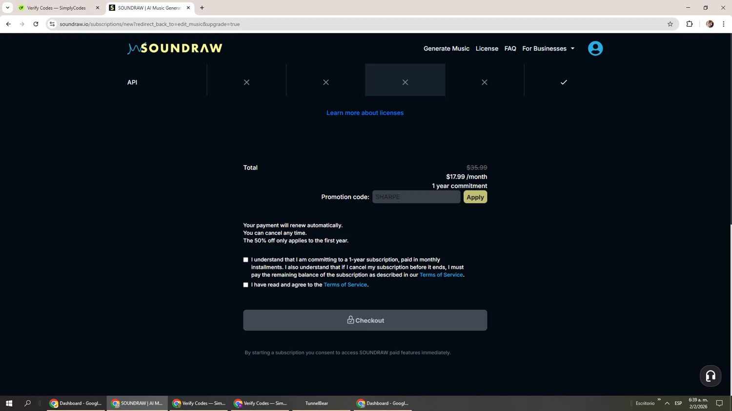 SOUNDRAW checkout page showing SOUNDRAW promo code box | Screenshot taken by SimplyCodes community member on Feb 2, 2026