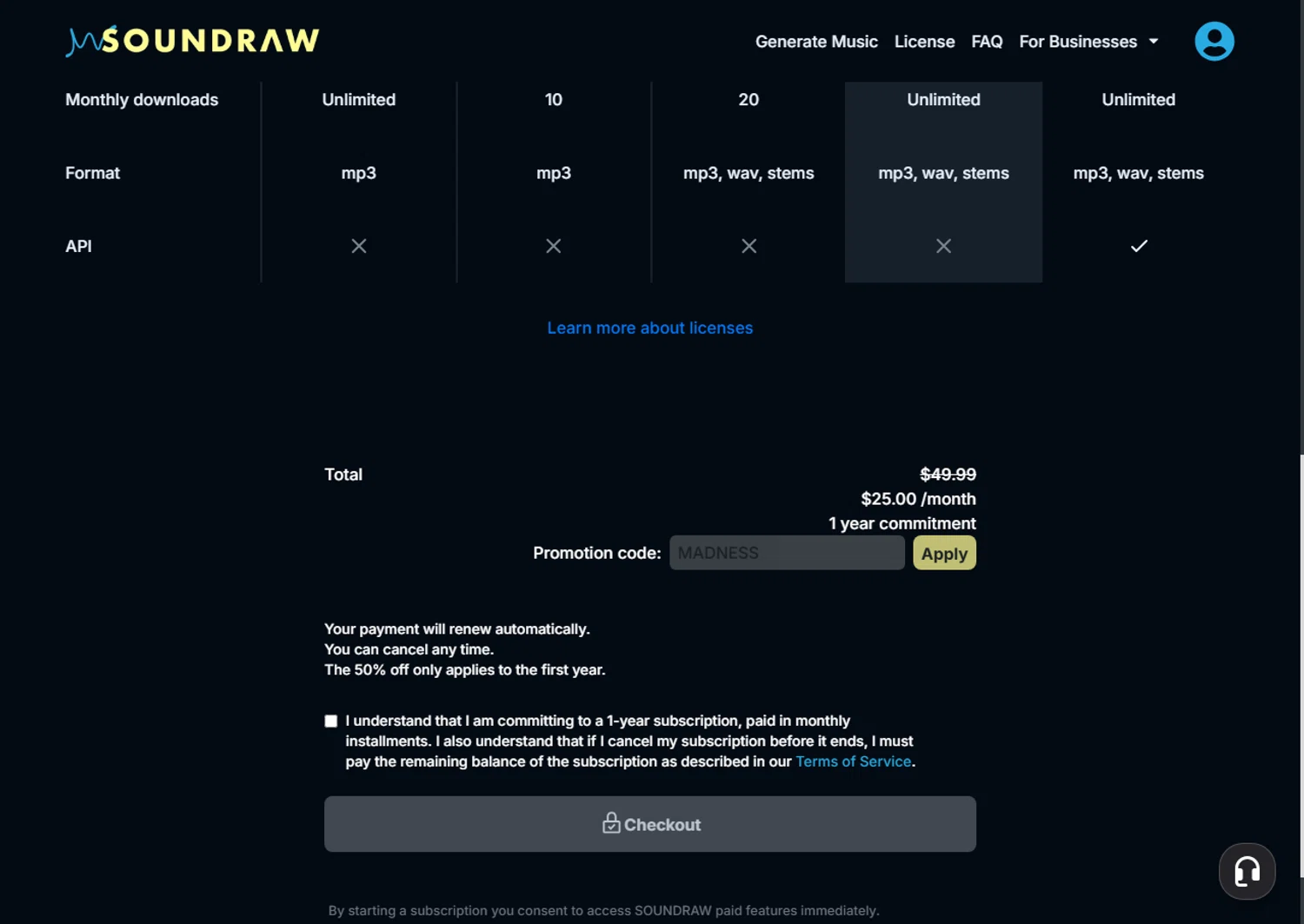 SOUNDRAW promo code screenshot showing code MADNESS applied at SOUNDRAW checkout page. Uploaded by SimplyCodes community member Leannysv7lla on Apr 7, 2025