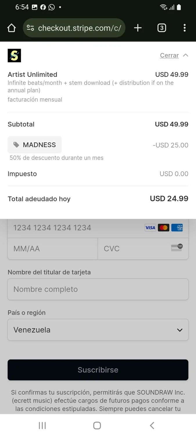 SOUNDRAW promo code screenshot showing code MADNESS applied at SOUNDRAW checkout page. Uploaded by SimplyCodes community member tulioriera on Apr 7, 2025
