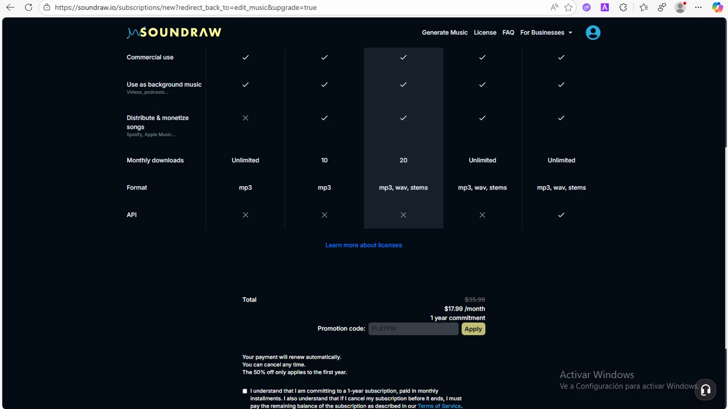 SOUNDRAW promo code screenshot showing code PLAYPM applied at SOUNDRAW checkout page. Uploaded by SimplyCodes community member VoucherWhiz9254 on Dec 9, 2025