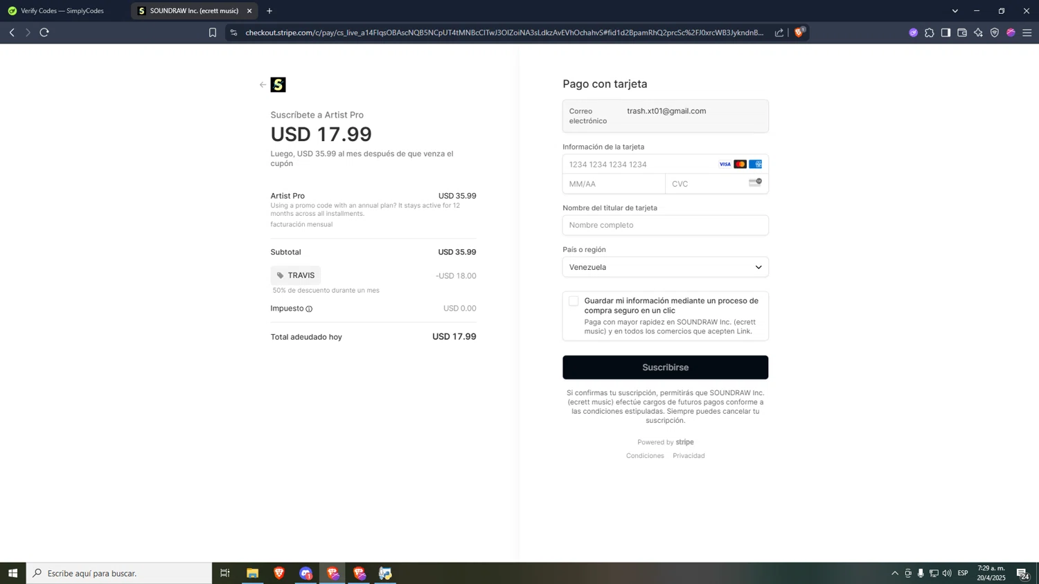 SOUNDRAW promo code screenshot showing code TRAVIS applied at SOUNDRAW checkout page. Uploaded by SimplyCodes community member papa01 on Apr 20, 2025