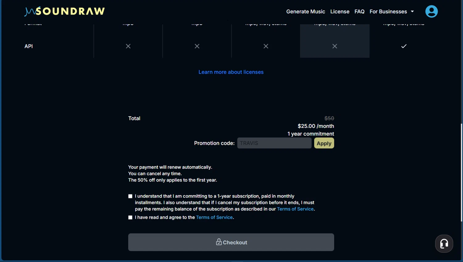 SOUNDRAW checkout page showing SOUNDRAW promo code box | Screenshot taken by SimplyCodes community member on Feb 2, 2026