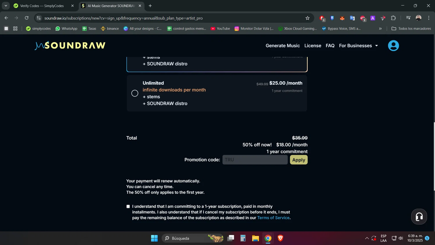 SOUNDRAW promo code screenshot showing code TRU applied at SOUNDRAW checkout page. Uploaded by SimplyCodes community member ScanPhoenix352 on Mar 10, 2025