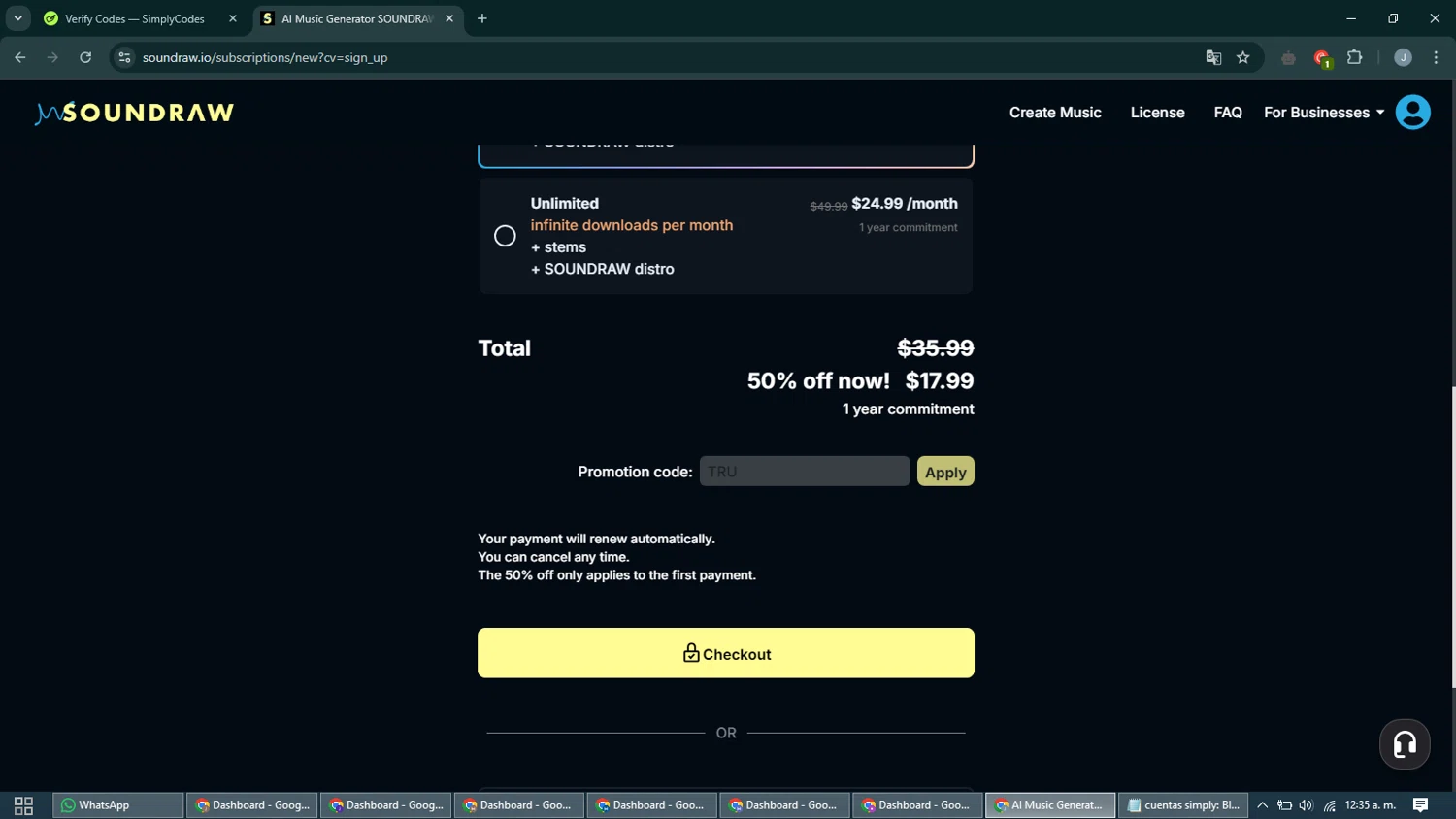 SOUNDRAW promo code screenshot showing code TRU applied at SOUNDRAW checkout page. Uploaded by SimplyCodes community member CashShopper1214 on Feb 9, 2025