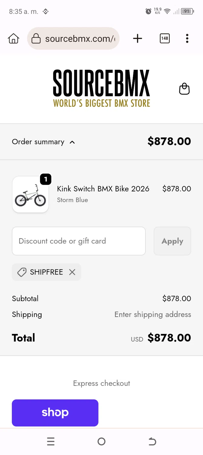 Sourcebmx UK promo code screenshot showing code SHIPFREE applied at Sourcebmx UK checkout page. Uploaded by SimplyCodes community member Typer19 on Dec 22, 2025